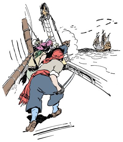 Et piratskib, der jagter et skib Illustration fra "Drengens bog om pirater og de store sørovere"" af George Albert Williams (1875-1932) 1900 af George Alfred Williams