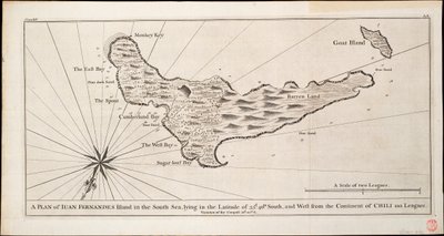 En plan over øen Iuan Fernandes i Sydhavet, der ligger på breddegraden 33d. 40m. syd, og vest for det chilenske kontinent 110 sømil, ca. 1750 (stik) af George Anson