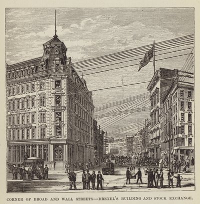 Hjørnet af Broad og Wall Streets, Drexels Building og Stock Exchange af George Augustus Sala