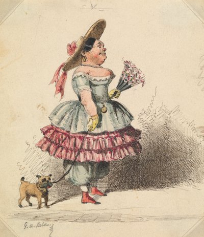 Grotesk jomfru med hund af George Augustus Sala