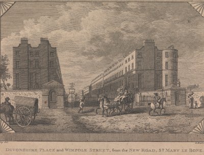 Devonshire Place og Wimpole Street, fra New Road, St. Mary le Bone af George Barret