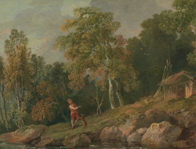 Skovklædt landskab med en dreng og hans hund af George Barret