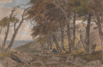 Figurer på bredden af en skovklædt bane, med havet i afstand til venstre af George Barret Jr.