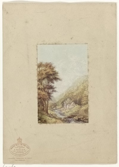 Bakket landskab med et vandløb Water Mill on the Wye (titel på objekt) af George Baxter