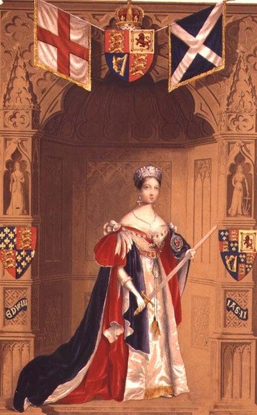 Dronning Victoria i en strømpebåndsbod (farve litho) af George Baxter