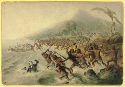 Massakren på den beklagede missionær, præsten J. Williams og hr. Harris af George Baxter