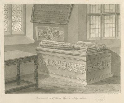 Ellastone Church - Monument til Sir John Fleetwood: sepia-tegning, 1841 af George Buckler