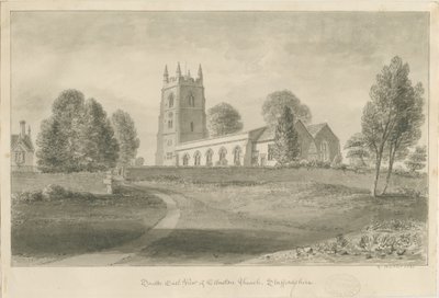 Ellastone Church: sepia tegning, 1841 af George Buckler
