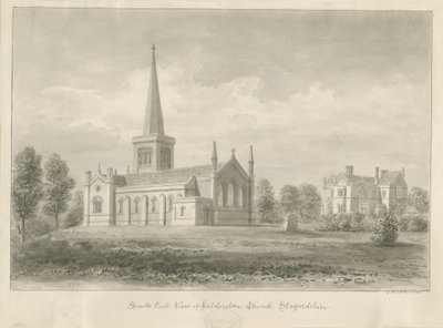Hilderstone Church: sepia tegning, 1841 af George Buckler