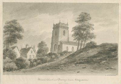 Milwich kirke og præstehus: sepia vask tegning af George Buckler