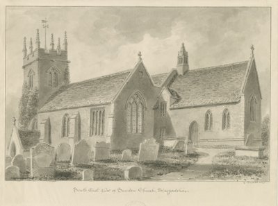 Sandon Church: sepia tegning, 1841 af George Buckler