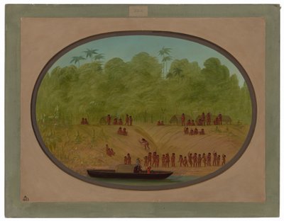 En Omagua Village - Bådskitse af George Catlin
