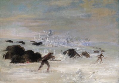 Assiniboine-indianere jagter bøfler på snesko af George Catlin
