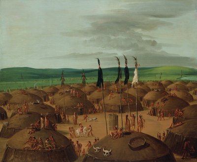 Udsigt i fugleperspektiv over Mandan-landsbyen, 1800 kilometer over St. af George Catlin