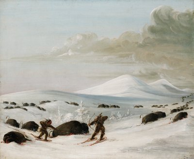 Bøffeljagt i snedriver, indianere forfølger på snesko af George Catlin