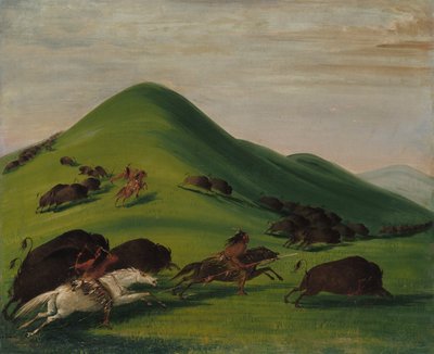 Buffalo Chase over Prairie Bluffs af George Catlin