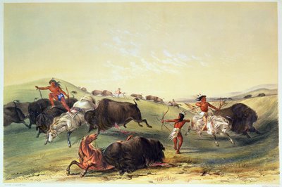 Buffalo Hunt, plade 7 fra Catlins North American Indian Collection, graveret af McGahey, Day og Haghe af George Catlin