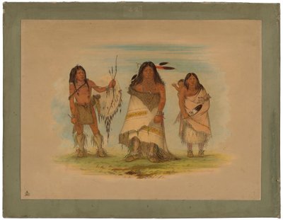 Comanche Chief, His Wife and a Warrior, 1861 (olie på kort monteret på pap) af George Catlin