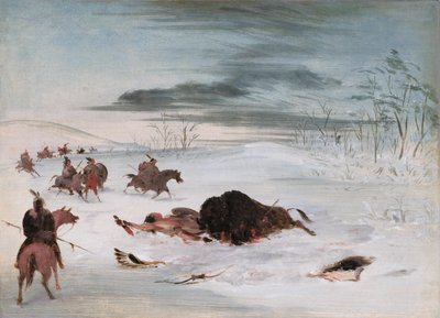 Døende bøffeltyr i en snedrive af George Catlin