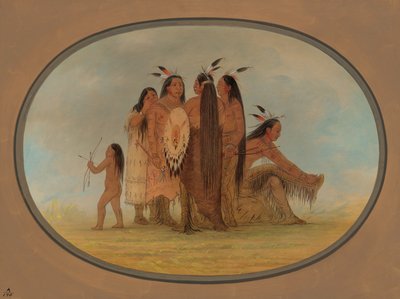 Fire Mandan-krigere, en pige og en dreng, 18611869. af George Catlin