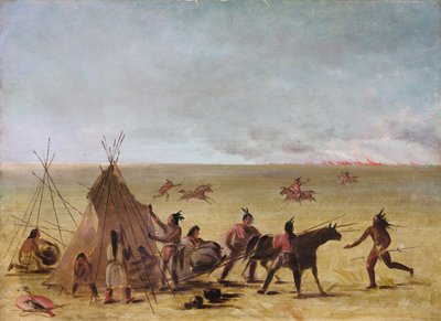 Indianerfamilie alarmeret over, at en præriebrand nærmer sig af George Catlin