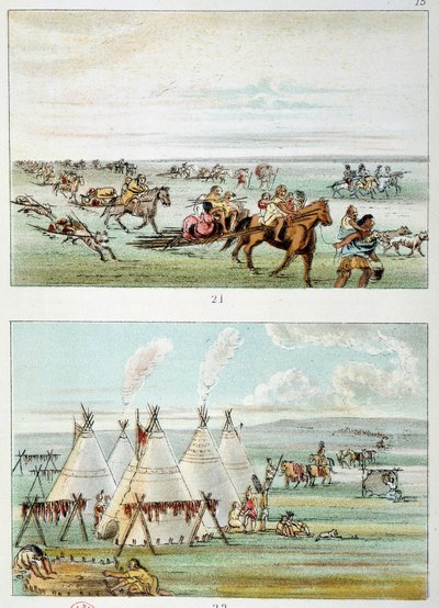 Indians of America: (øverste) stamme flytter med skind til salg. (Bund) stamme på 500 til 600 tipi. Illustration af George Catlin (1794-1872) af George Catlin