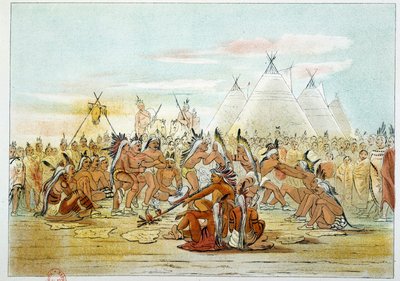 Indians of America: Assiniboin-stamme, der ligner Sioux-dansende pibedans. Illustration af George Catlin (1794-1872) af George Catlin