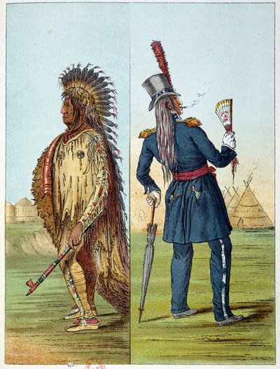 Indians of America: Indisk assiniboine-dyrlæge i militær i sine lommer to flasker whisky. Illustration af George Catlin (1794-1872) af George Catlin