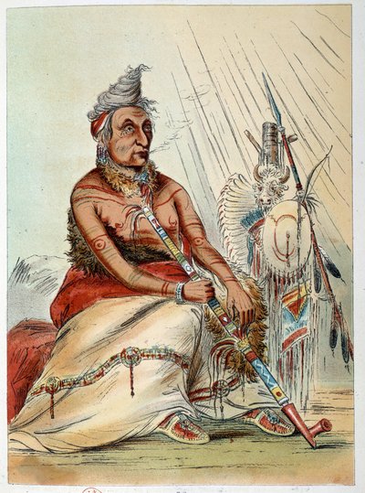 Indians of America: Portræt af en gammel indisk kok, der ryger sin pibe ved navn The Black Mocassin. Illustration af George Catlin (1794-1872) af George Catlin