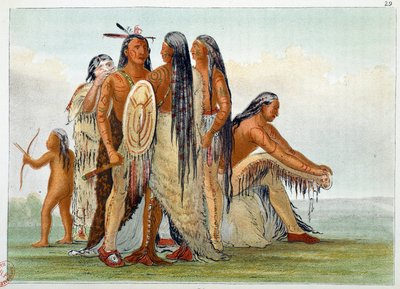 indianere i Amerika. Mandanerne: Chief San Ja Ka Ko Kah (San-Ja-Ka-Ko-Kah) omgiver med sin familie. Gravering af George Catlin (1794-1872) af George Catlin
