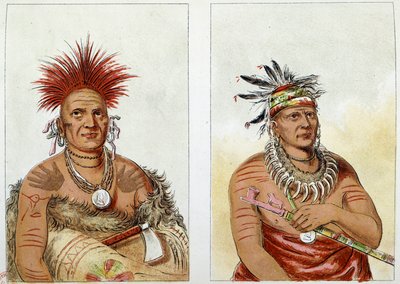 Indians of America: Hestehøvdingstammen af Great Pawnees (eller Paneassa, Pari, Pariki) (n° 138) anden høvding plus alder (n° 139) - Den anden har en halskæde lavet af bjørneklo - Illustration af George Catlin ( 1794-1872) af George Catlin