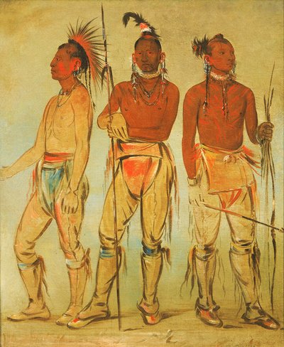 Mun-ne-pús-kee, Han der ikke er bange, Ko-ha-túnk-a, Big Crow og Nah-cóm-ee-shee..., 1834. af George Catlin