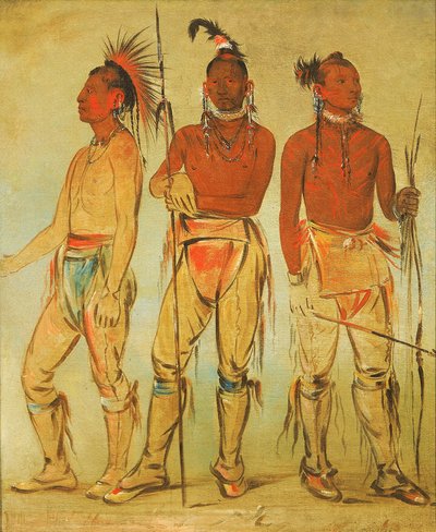 Mun-ne-pús-kee, Han som ikke er bange; Ko-ha-túnk-a, Store Krage; og Nah-cóm-ee-shee, Sengens mand, Tre unge krigere af George Catlin