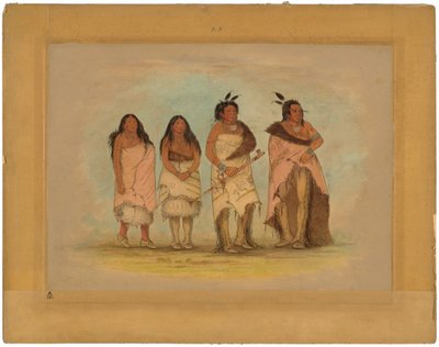 Pawneepict høvding, to døtre og en kriger af George Catlin