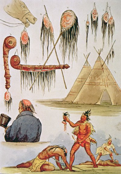 Skalpering og dekorativ brug af hovedbund (akvarel på papir) af George Catlin