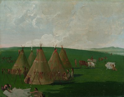 Siouxer i lejr ved Upper Missouri i færd med at tilberede bøffelkød og klæder af George Catlin
