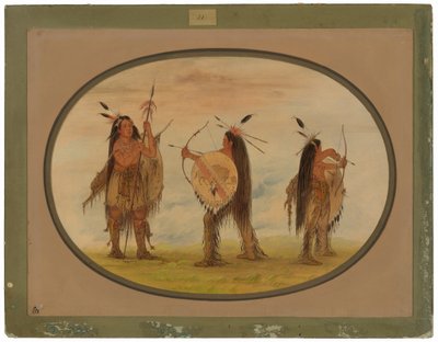 Tre Mandan-krigere bevæbnet til krig af George Catlin