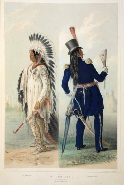 Wi-Jun-Jon, en Assinneboin-chef, pub. 1845 farvelitografi. af George Catlin
