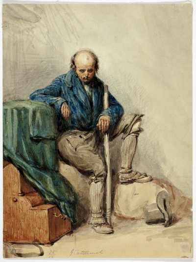 Skaldet mand siddende på ejendele (recto); dame i gul kjole (verso) af George Cattermole