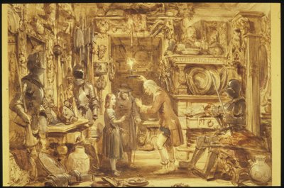 The Old Curiosity Shop Little Nells Home Interior of the Old Curiosity Shop, 1840 (wc på papir) af George Cattermole