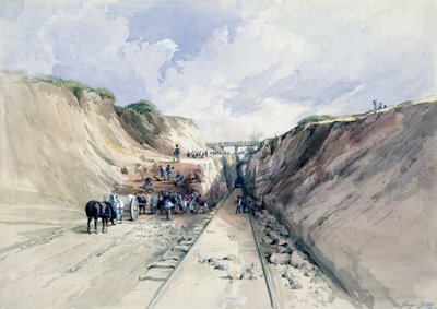Digging a Cutting on the Great Western Railway, 1841 (wc på papir) af George Childs