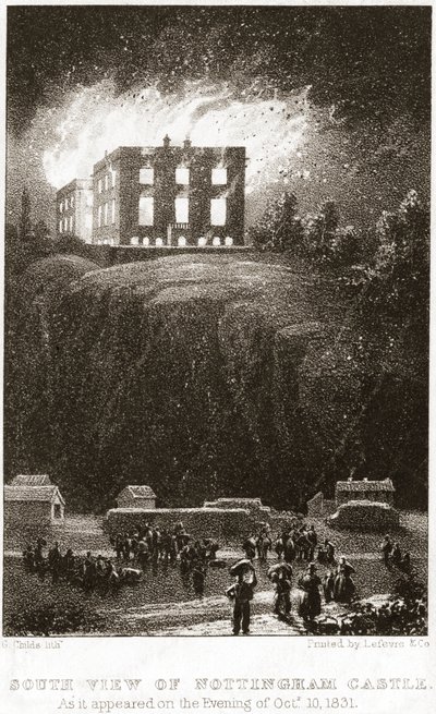 Nottingham Castle i brand, set fra syd, 1831 af George Childs
