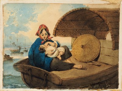 En Tanka-kvinde med sit barn på en båd af George Chinnery