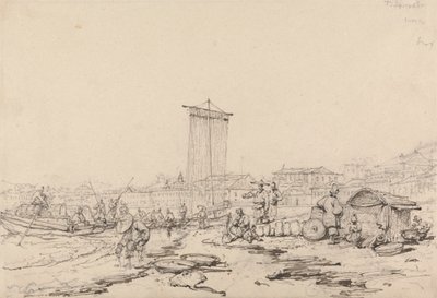 Kystscene med fiskere og bygninger, Macao af George Chinnery