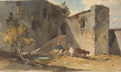Figur med kvæg, der står i skyggen af en bygning af George Chinnery