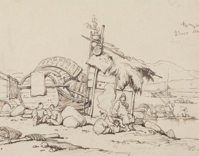 Gammel mand og børn siddende, madlavning af George Chinnery