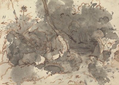 Stråtækt bygning i en skov af George Chinnery