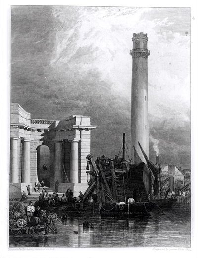 The Shot Tower og Waterloo Bridge, graveret af G. Cooke af George Clarkson (after) Stanfield