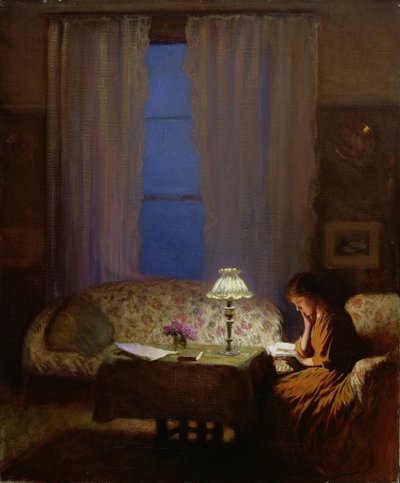 Reading by Lamplight (Twilight: Interior) (olie på lærred) af George Clausen