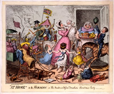 HJEMME i Vuggestuen, eller Mestrene og savner to sko Julefest, 1835 (farvet radering) af George Cruikshank